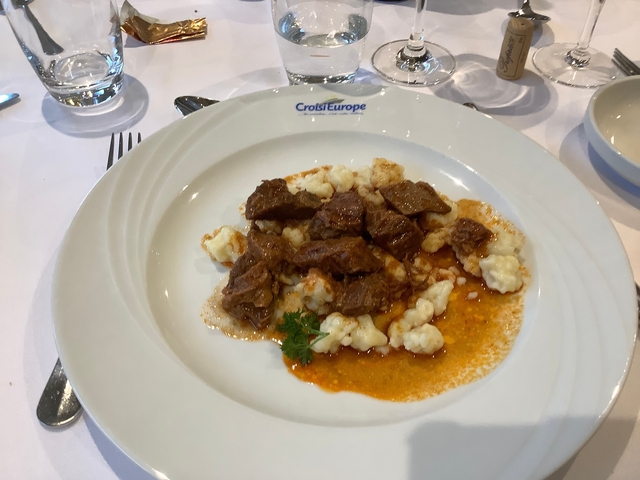 Plate with stewed meat and dumplings.