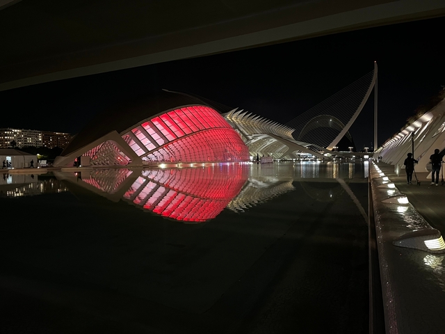       Modern architectural structure with vibrant lighting and reflection in water.
  