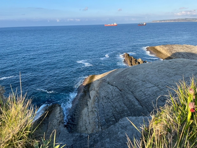      Rocky coast with ocean waves and ships visible in the distance.
  