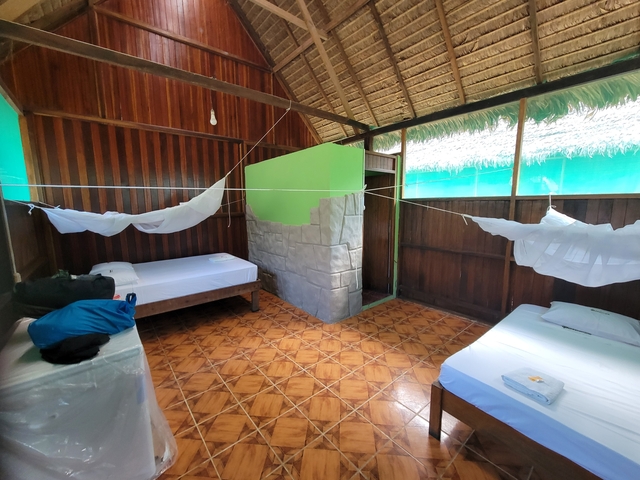       Rustic room with mosquito nets over beds.
  