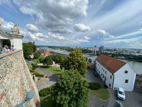 Panoramic view of a city skyline and a river with a bridge.