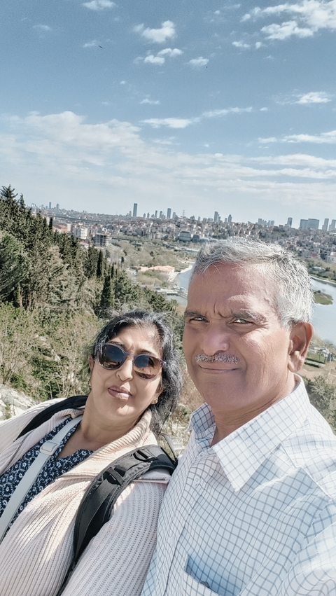 Selfie of a couple with a cityscape in the background
