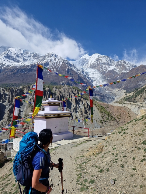       Prayer flags in front of a mountainous landscape
  