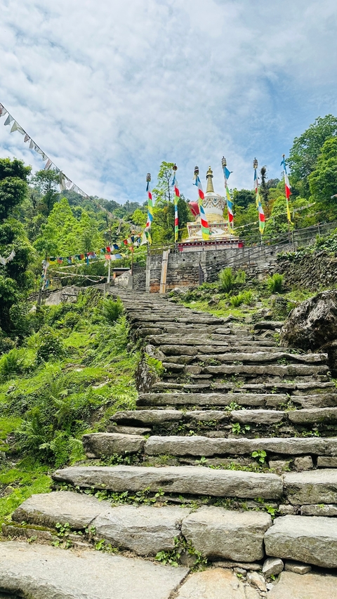 Stone stairs leading to a shrine with flags.