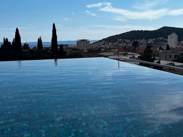       View of an infinity pool with a cityscape and mountains in the background.
  