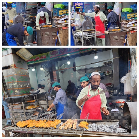      A compilation of photos showing street food preparation.
  