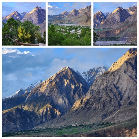       A compilation of mountain landscapes with snow-capped peaks.
  