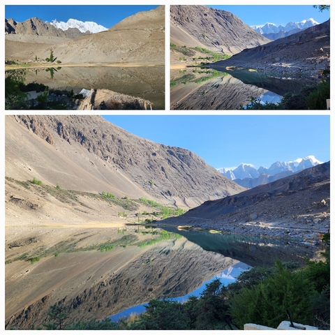       A collage of lake and mountain landscapes with reflections.
  