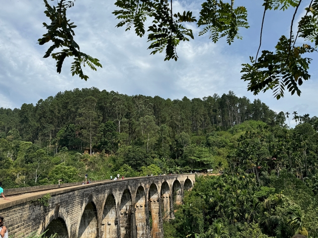 People walking on a nine-arch bridge surrounded by forest.