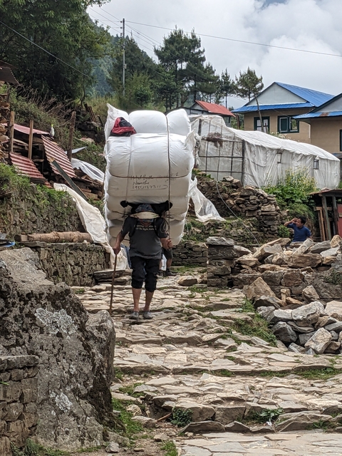       Man carrying a large load on a rugged path.
  