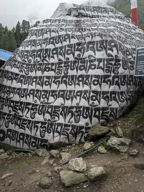 Wall painted with intricate Tibetan script.