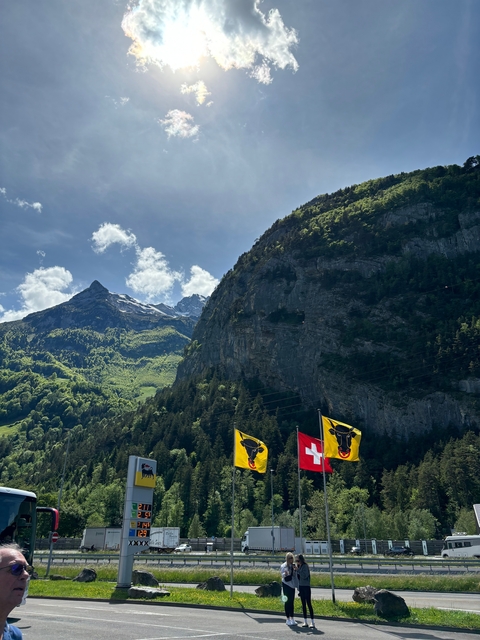 Mountain landscape with flags in the foreground.