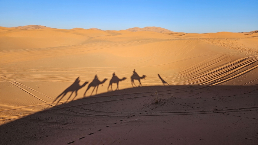Silhouettes of camels and riders in the desert at sunset.