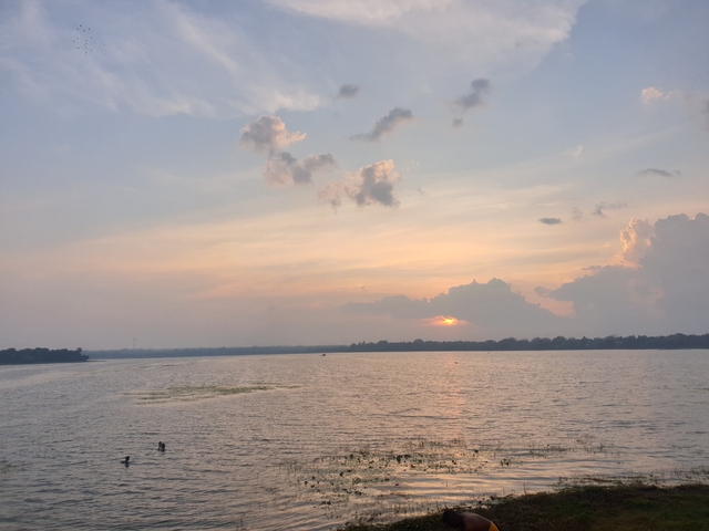      Sunset over a wide lake with soft clouds in the sky.
  