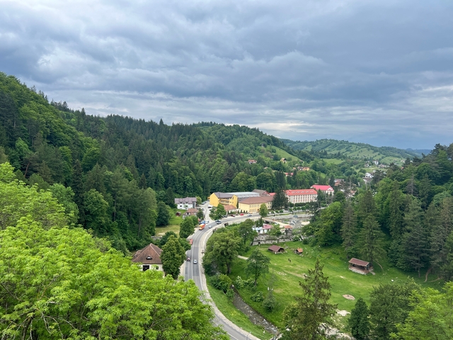       Panoramic view of a lush green valley with buildings.
  