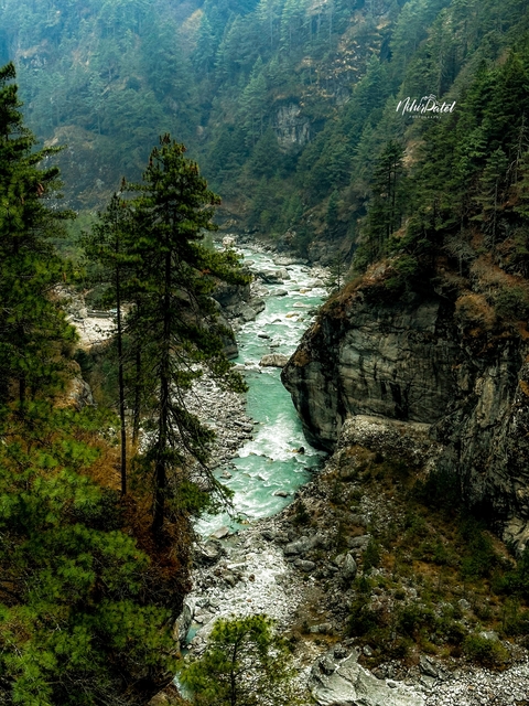       Turquoise river cuts through rocky cliffs and forested hills.
  