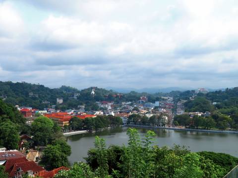 A scenic view of a city by the lake on a cloudy day.
