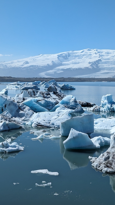 Icebergs floating in a tranquil glacial lagoon.