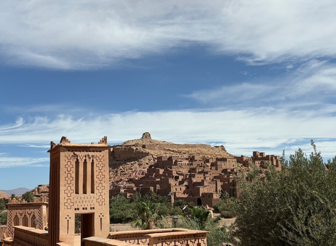 Traditional Moroccan architecture with blue sky.