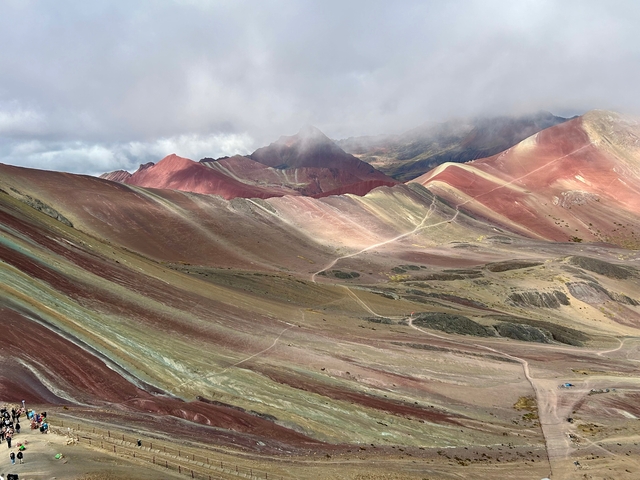       A panoramic view of the Rainbow Mountain's colorful layers.
  