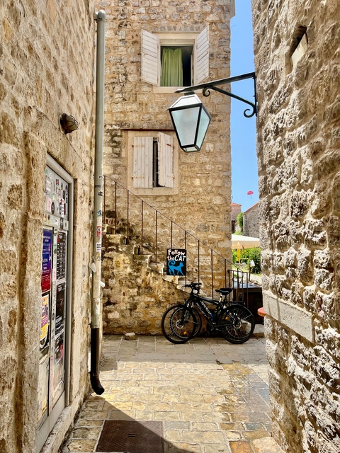       Quaint stone alley with bicycles and a sign 'Follow the Cat'.
  