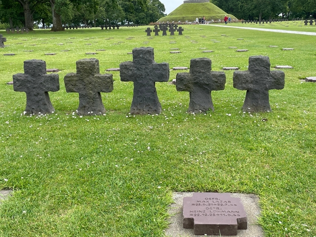       Row of weathered grave markers in a cemetery.
  