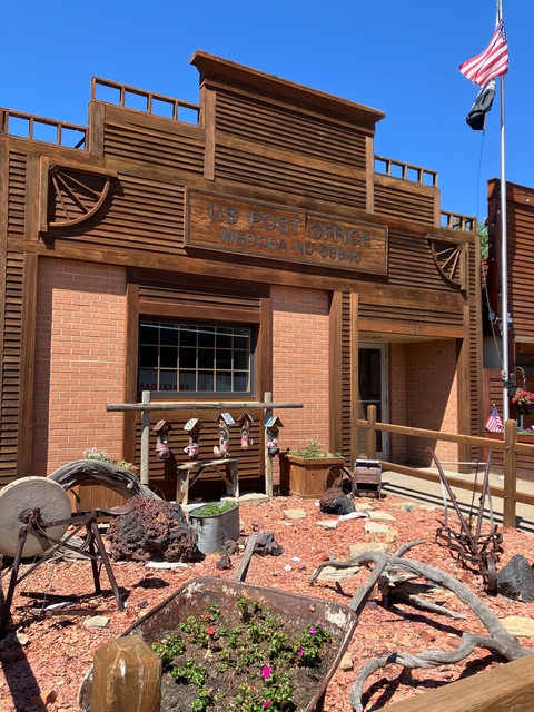 Rustic style brick USA post office building in Medora.