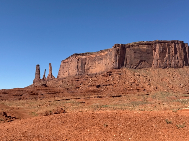 Iconic rock formations in Monument Valley under a clear sky.