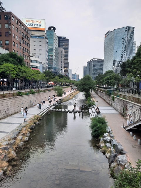       Urban stream with walking paths and city skyline in the background.
  
