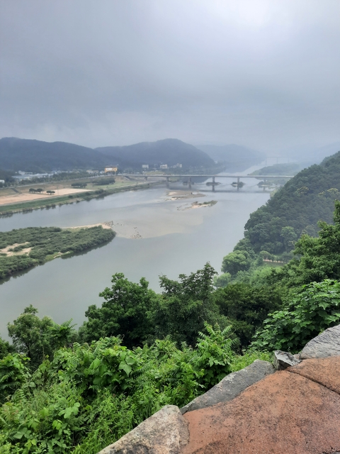       View of a river with a bridge and trees framing the scene.
  