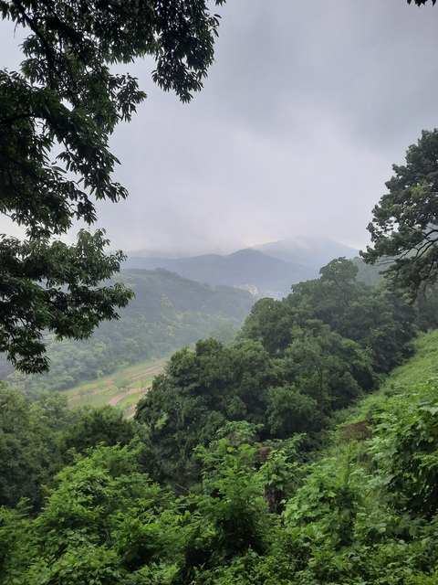 Green hills and misty mountains under cloudy skies.