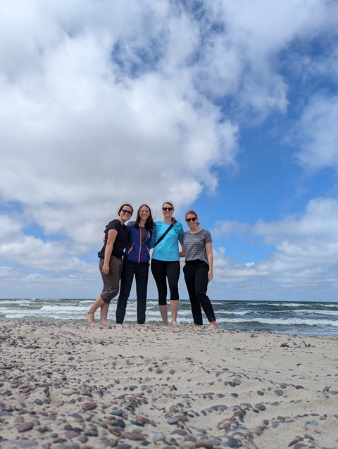 Four people posing on a beach with cloudy sky and waves.