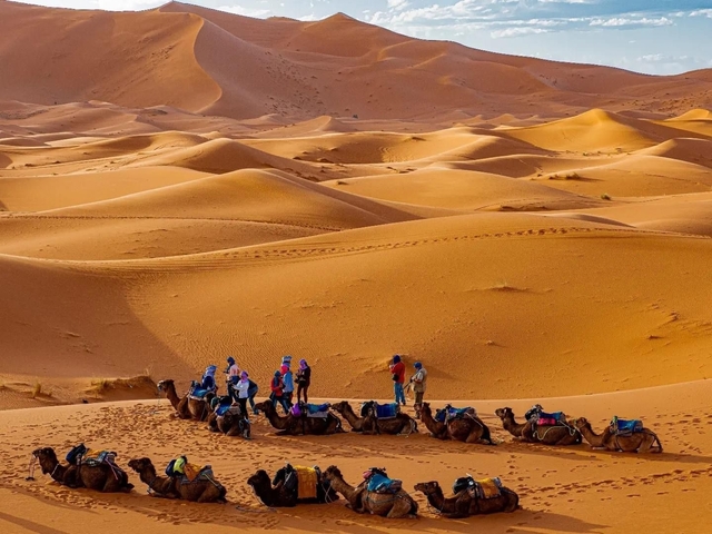 Group of people and camels in a desert setting with sand dunes.