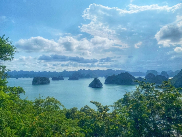 Panoramic view of Halong Bay with water and islands.