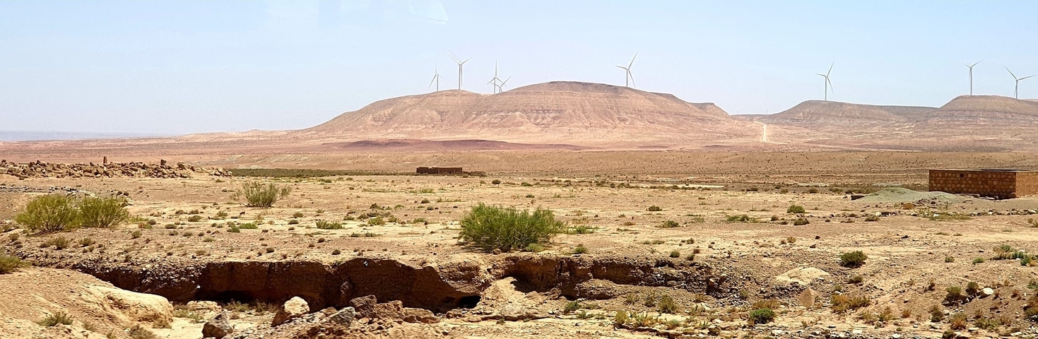       Desert landscape with wind turbines on distant hills.
  