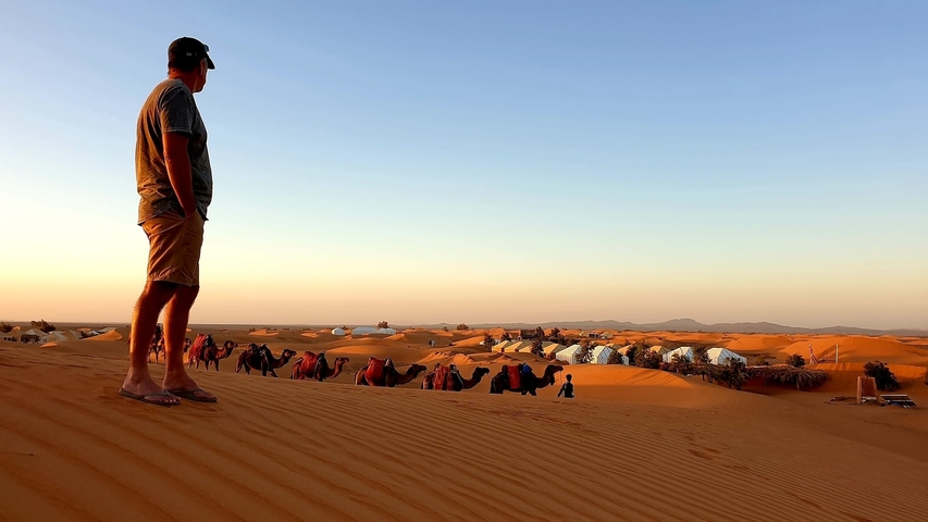       A person standing on sand dunes with a camel caravan in the distance, during sunset.
  
