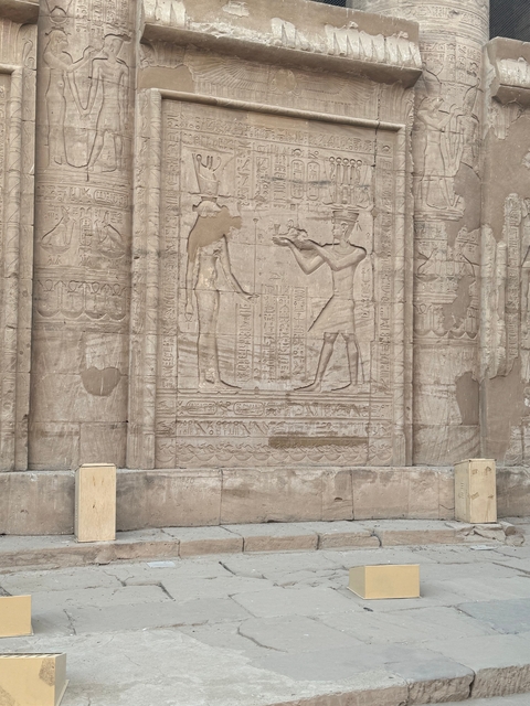 Ancient wall carvings depicting figures with hieroglyphics.