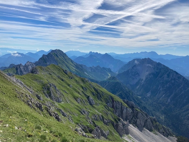 Panoramic view of jagged mountain peaks.
