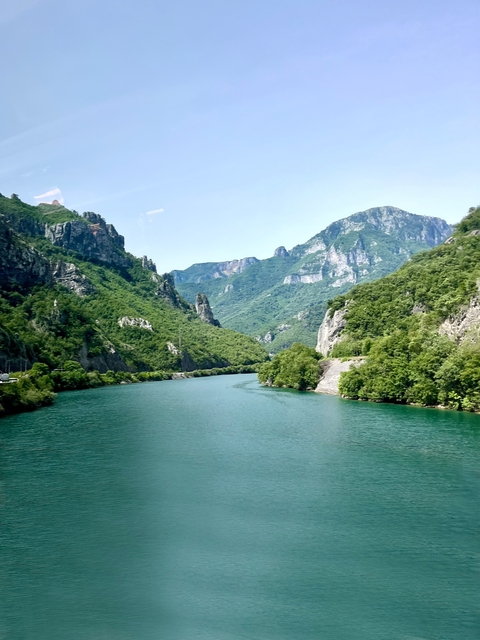       River flowing between forested mountains.
  