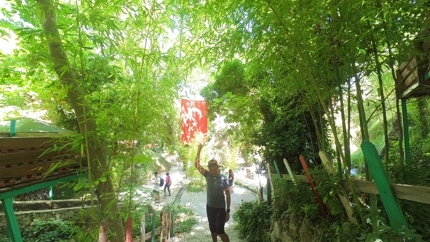 Person holding a flag in a lush green outdoor area.