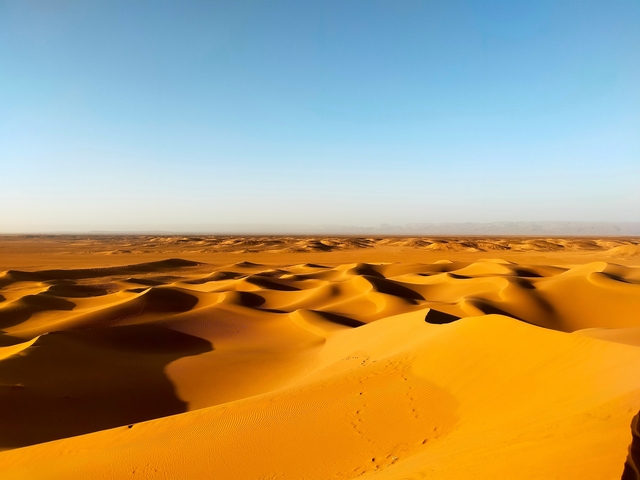       Vast desert landscape with orange sand dunes.
  