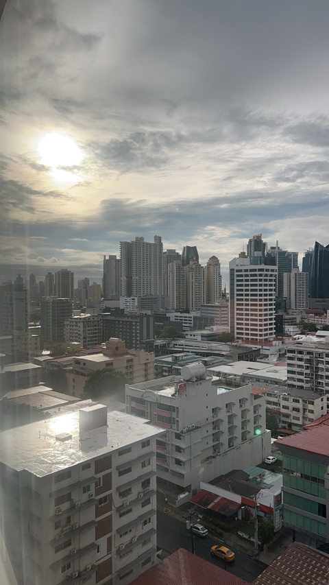City skyline with modern skyscrapers and cloudy sky.