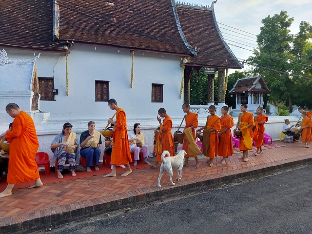 Monks in orange robes walking in line next to a temple with people observing.