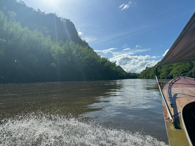 Boat ride on a river through lush greenery.