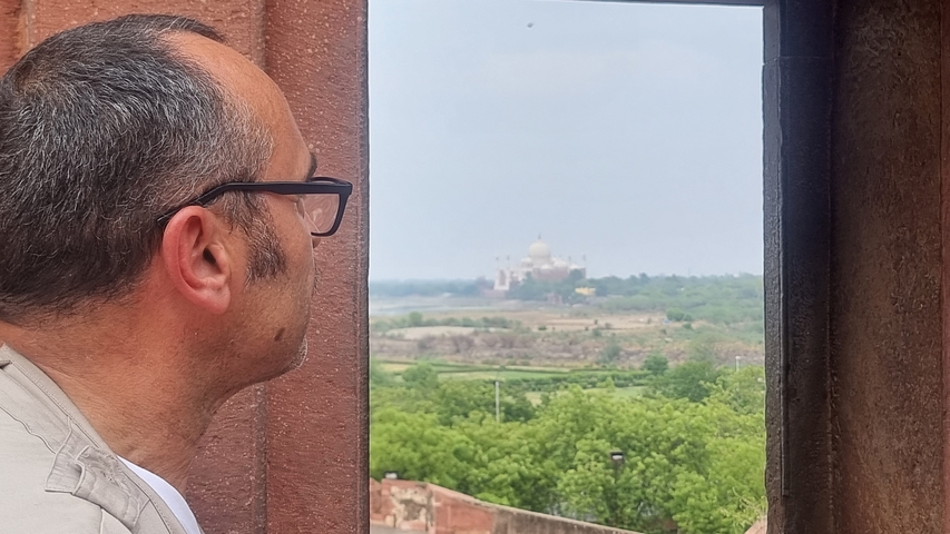       Man looking through a window towards the Taj Mahal.
  