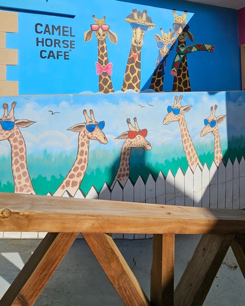       A mural of giraffes wearing sunglasses.
  
