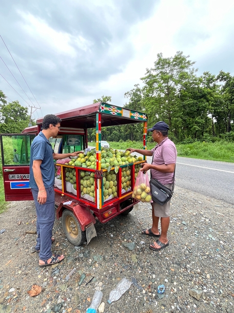       Street vendor selling fruits from a cart.
  