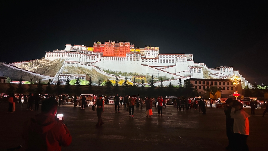 Potala Palace in Lhasa at night, illuminated with lights.