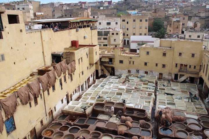 Overview of a traditional tannery with workers in action.