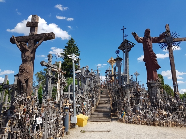       Hill of Crosses with a multitude of crucifixes under a blue sky.
  